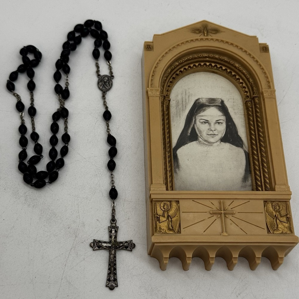 Vtg Catholic Rosary Black Beads Italy Crucifix w/ Virgin Mary & Holy Water Font